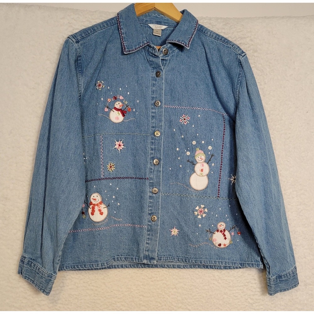 Vintage Christopher & Banks Denim Shirt Size XL Embroidered Snowmen Womens 1292